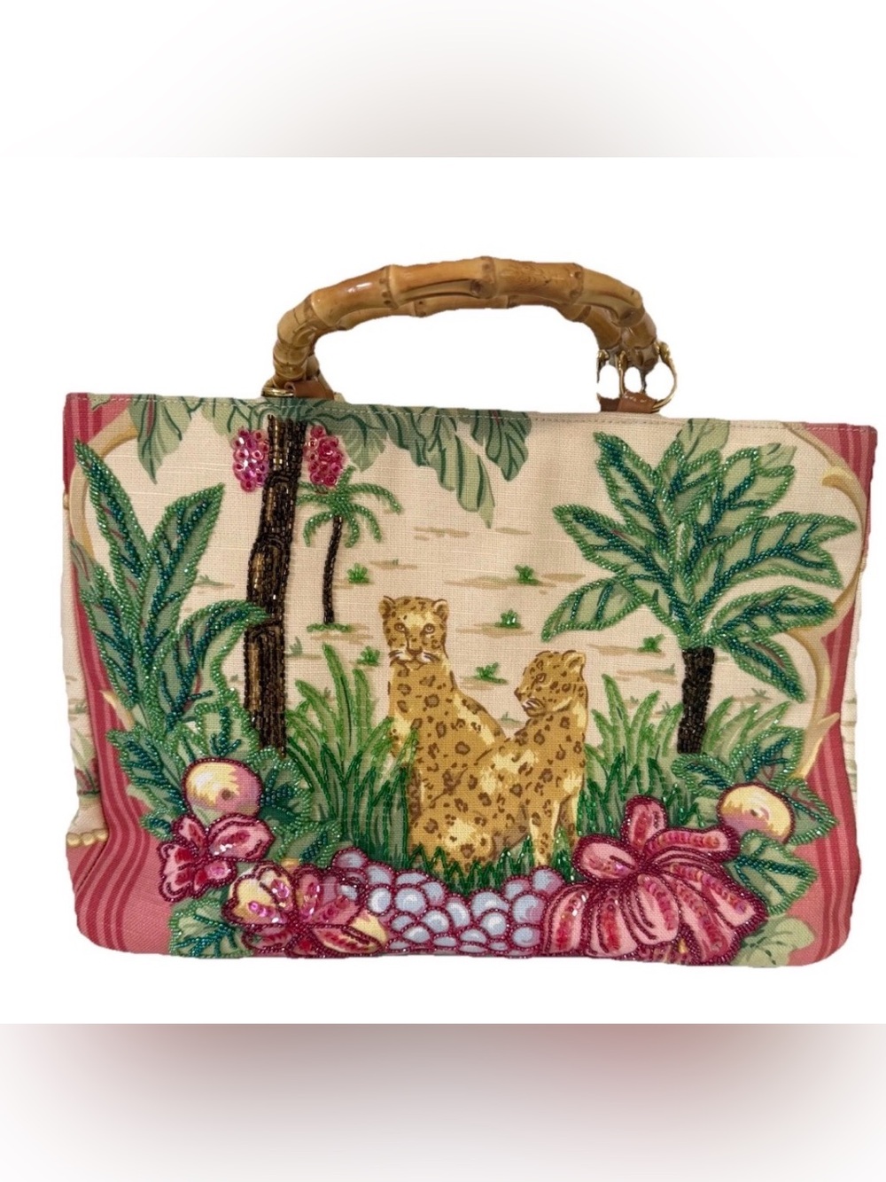 Vintage Y2K Isabella Fiore Beaded Jungle Leopard Canvas Tote Bamboo Handles⁠